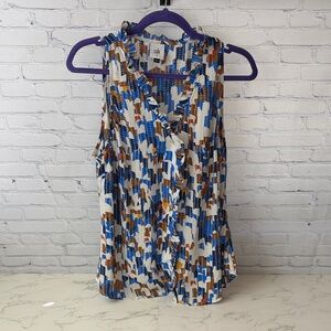 CAbi Printed Sleeveless Button-Front Camisole in Blue, Brown & White